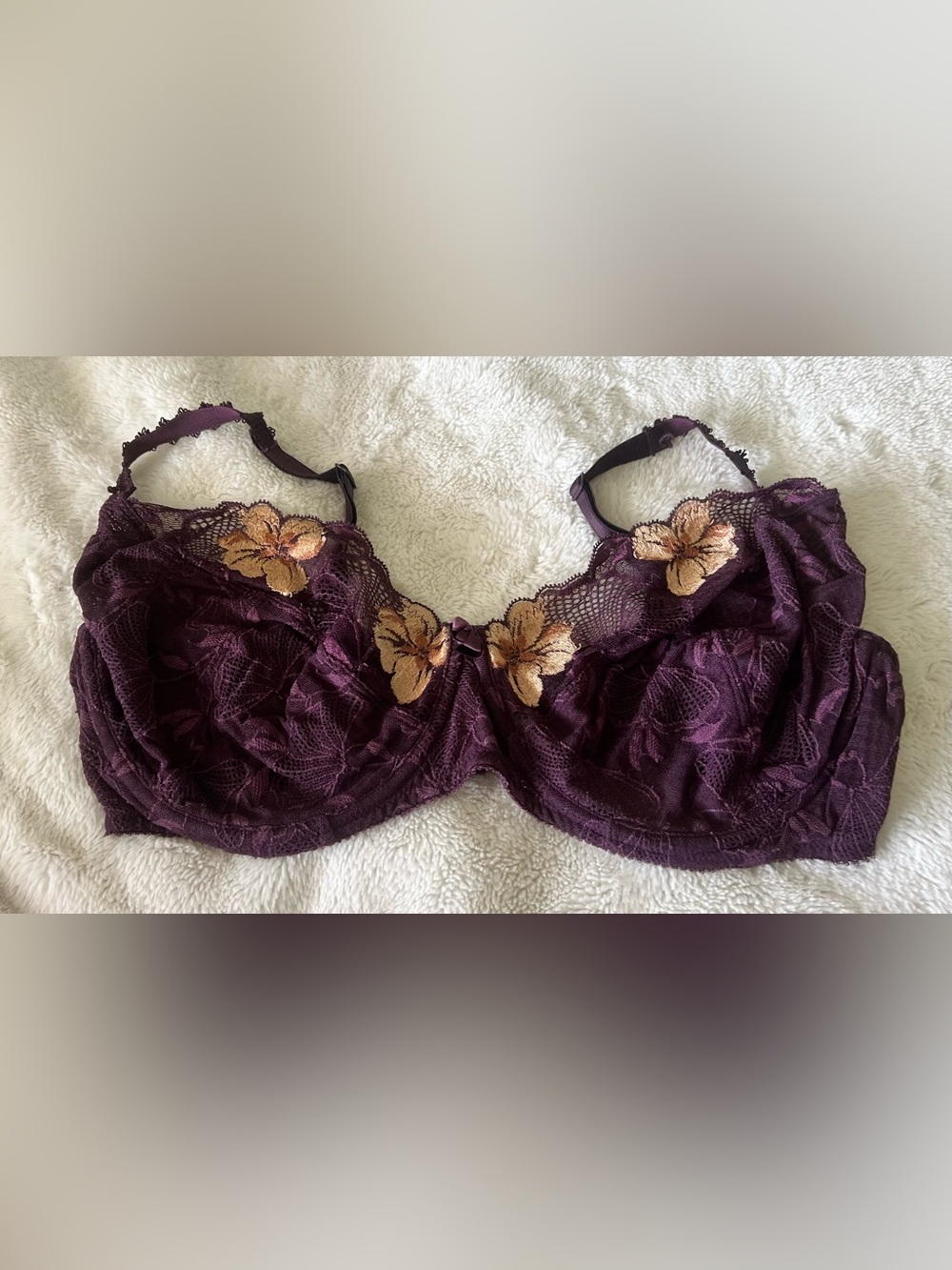 Felina Plum Lace Underwire Bra with Gold Floral Applique